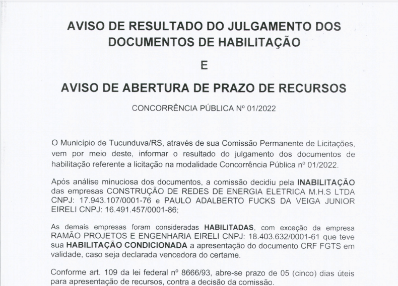 CONCORRÊNCIA Nº 01_2022 - SUBESTAÇÃO - AVISO DE RESULTADO JULGAMENTO DOC HABILITAÇÃO E ABERTURA PRAZO DE RECURSOS